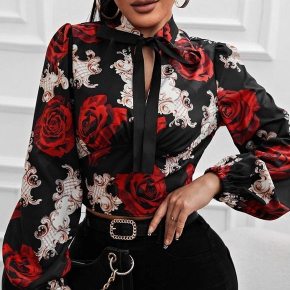 Black & Red Preppy Womens Floral Print Lantern Sleeve Tie Neck Blouse - Picture 1 of 5